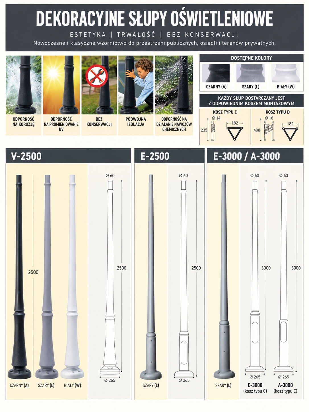 Modele słupów V-2500, E-2500, E-3000 i A-3000 z rysunkami technicznymi